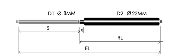 0823-GT part # 575, Threaded ends M8x1.25 — assembled spring drawing
